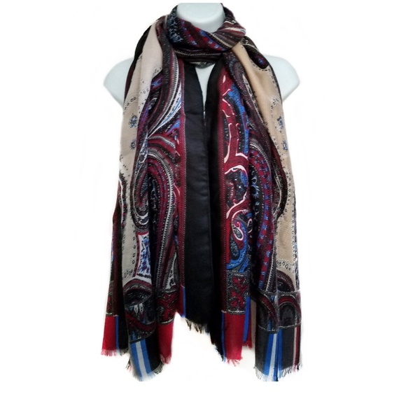 NEW - Scarf Shawl Paisley Blue, Cranberry Tan & Black - Picture 2 of 8